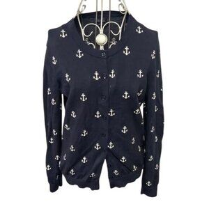 Tommy Hilfiger Navy Blue Anchor Print Button-Up Cardigan Sweater Medium